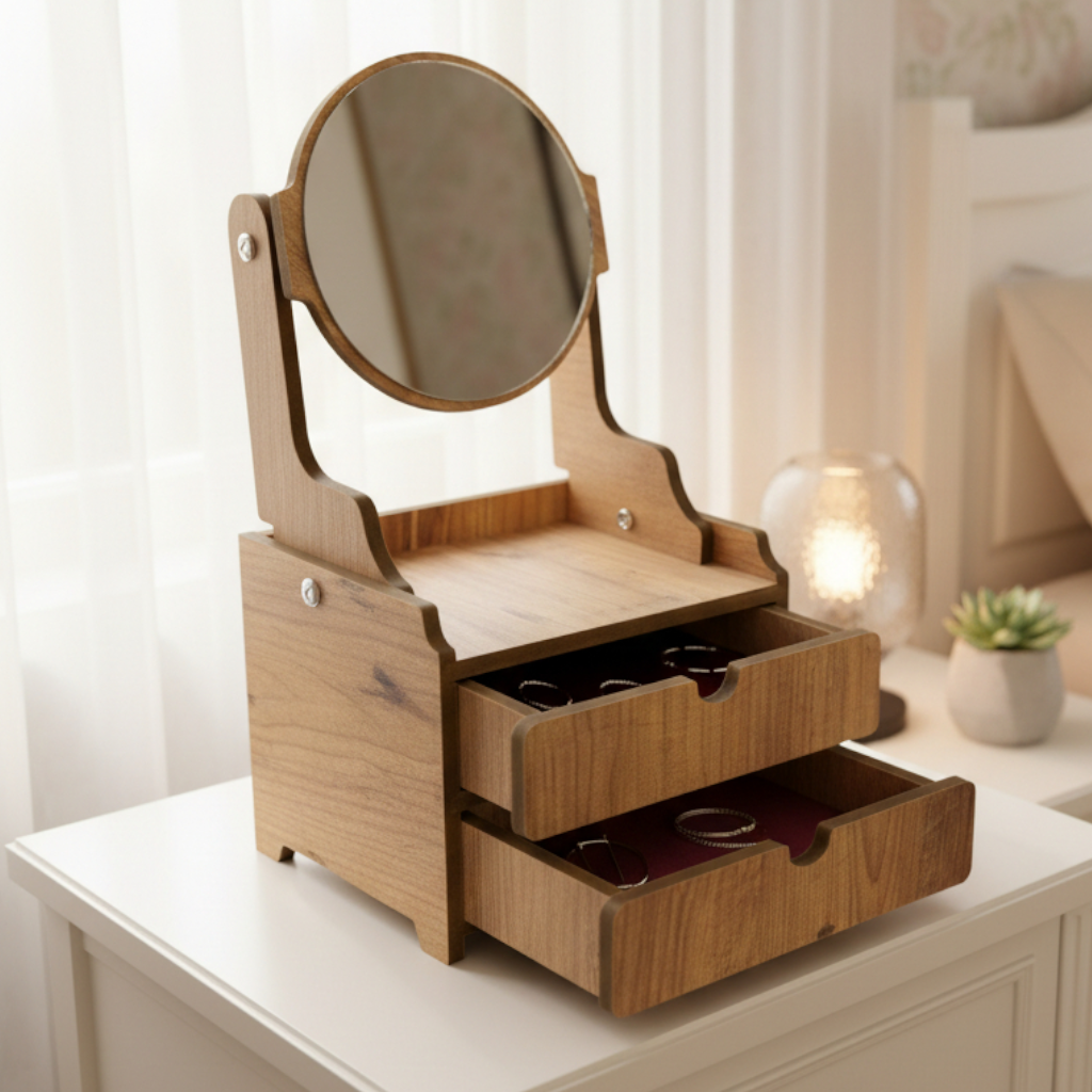 Ayarlanabilir Aynalı Ahşap Makyaj Organizeri Dekoratif Şık ve Premium Tasarım