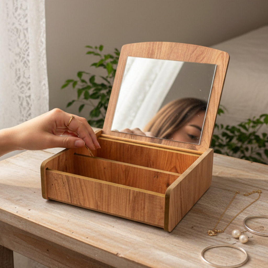 Aynalı Ahşap Makyaj Organizeri Dekoratif Şık ve Premium Tasarım