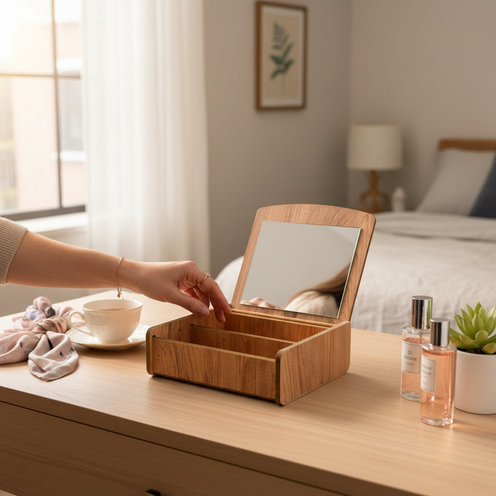 Aynalı Ahşap Makyaj Organizeri Dekoratif Şık ve Premium Tasarım