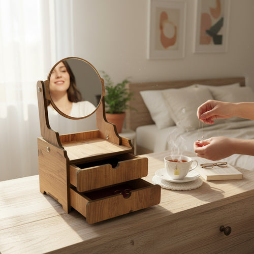Ayarlanabilir Aynalı Ahşap Makyaj Organizeri Dekoratif Şık ve Premium Tasarım