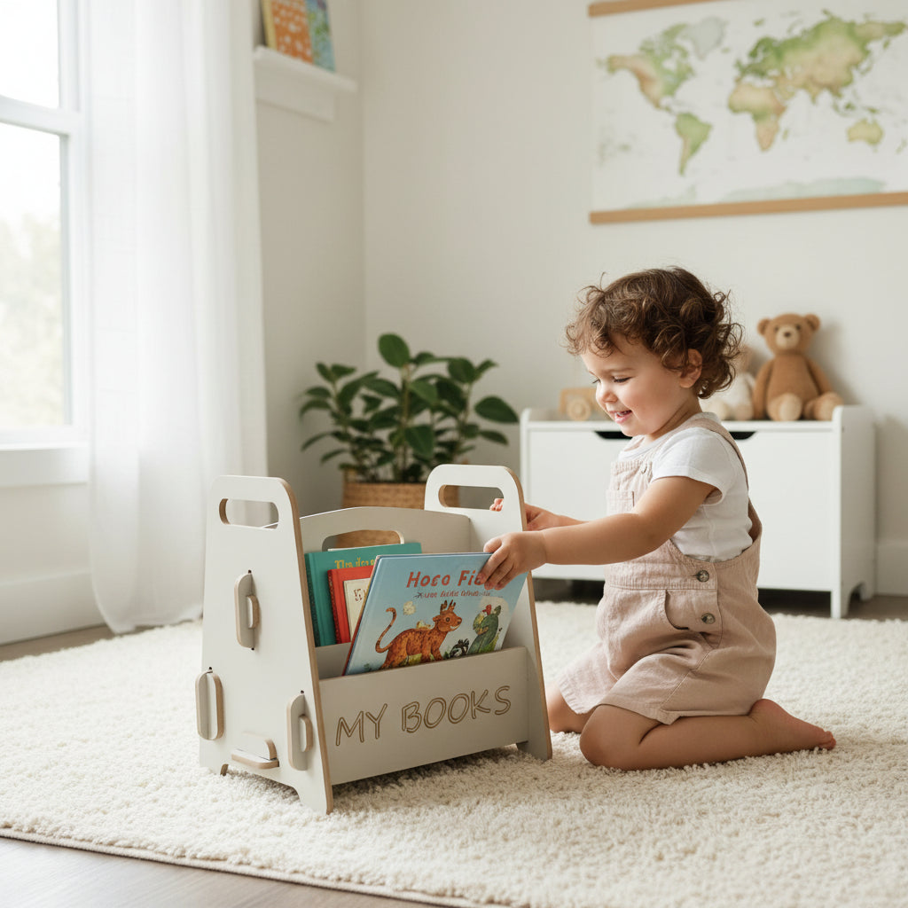 Montessori Ahşap Çocuk Kitaplığı Beyaz Eğitici ve Dekoratif Tasarım