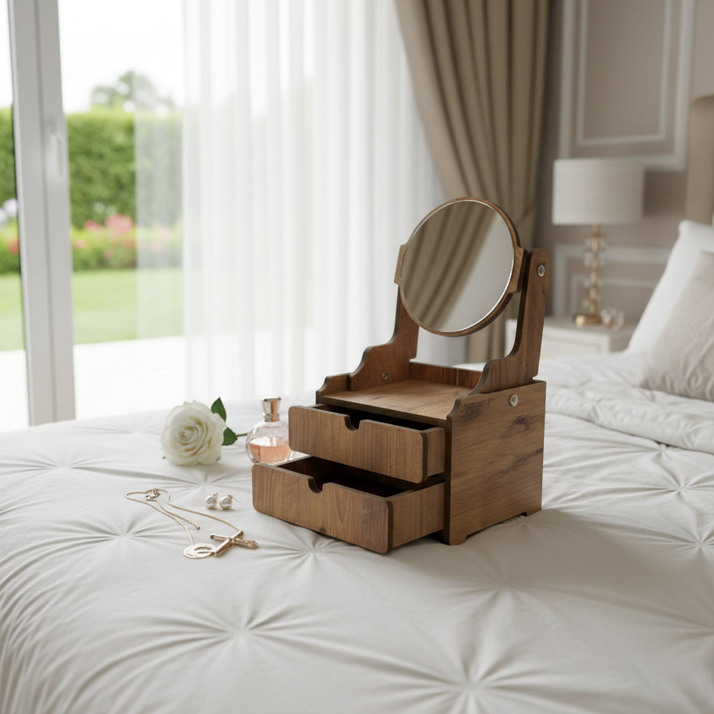 Ayarlanabilir Aynalı Ahşap Makyaj Organizeri Dekoratif Şık ve Premium Tasarım