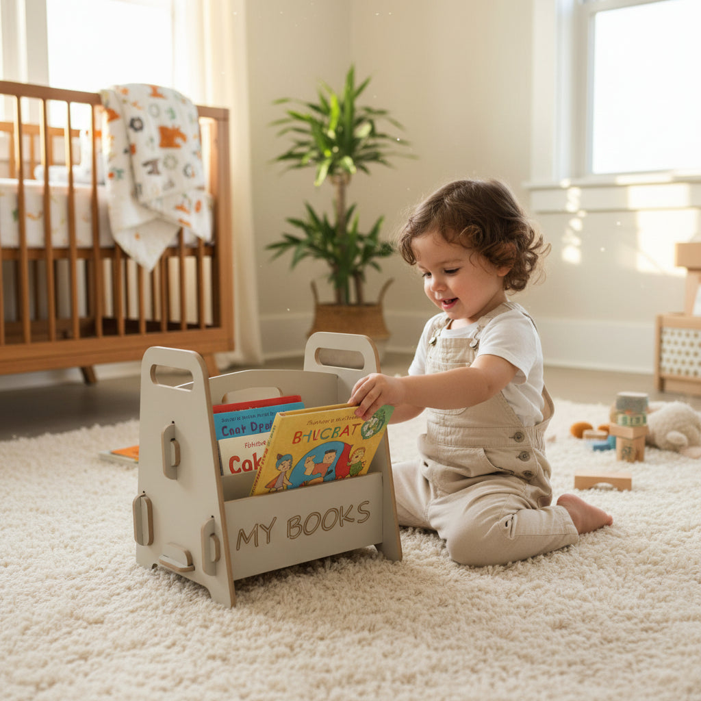 Montessori Ahşap Çocuk Kitaplığı Beyaz Eğitici ve Dekoratif Tasarım