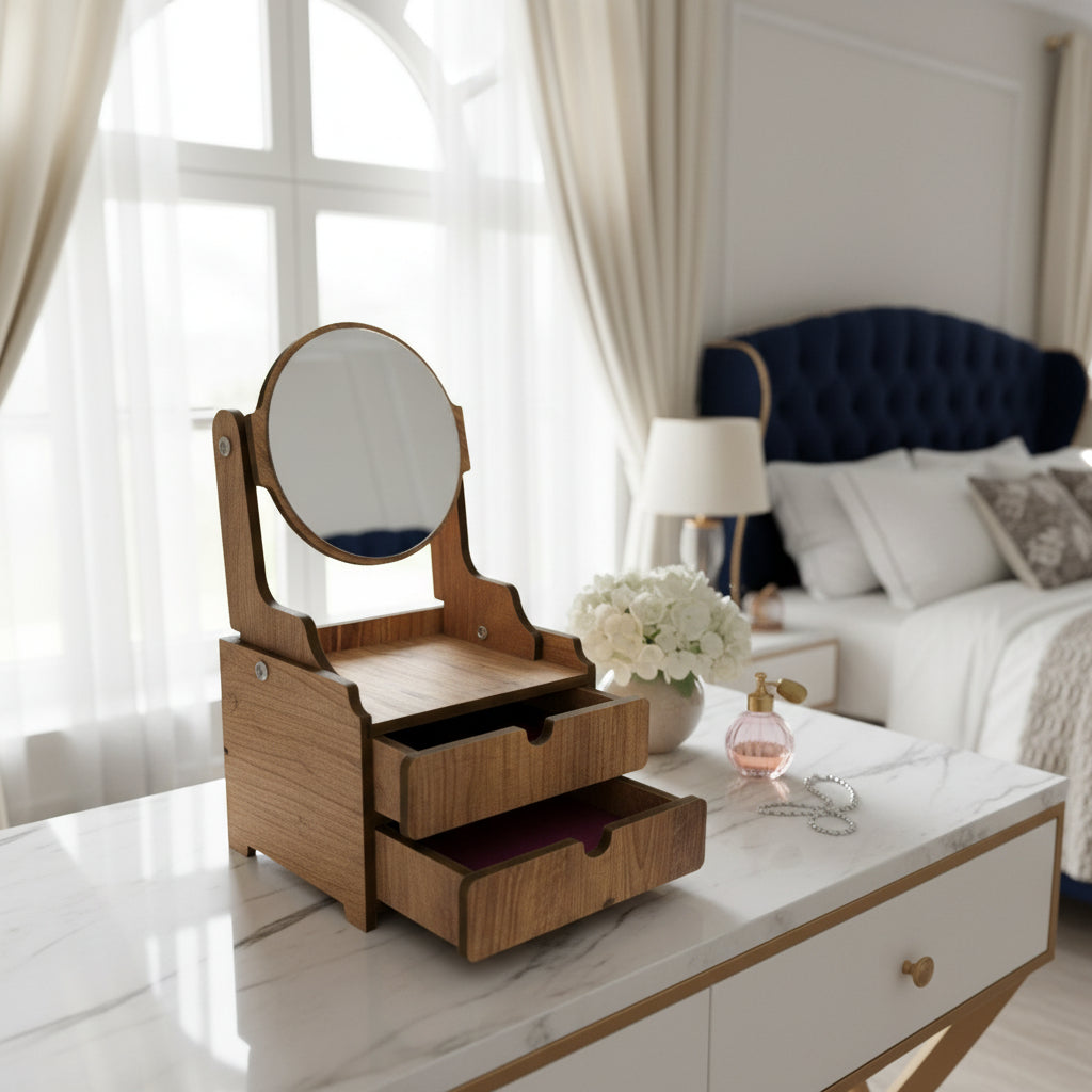 Ayarlanabilir Aynalı Ahşap Makyaj Organizeri Dekoratif Şık ve Premium Tasarım