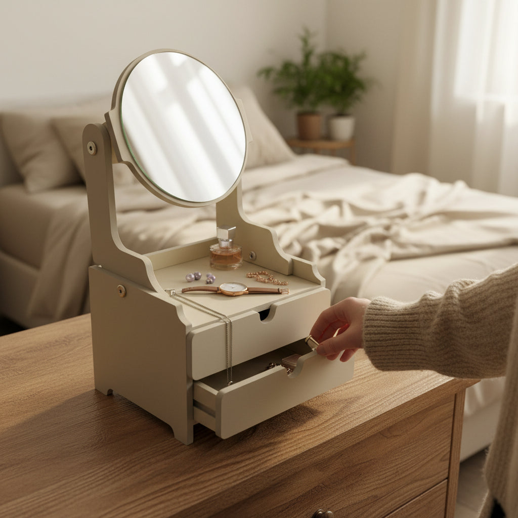 Ayarlanabilir Aynalı Ahşap Makyaj Organizeri Dekoratif Şık ve Premium Tasarım