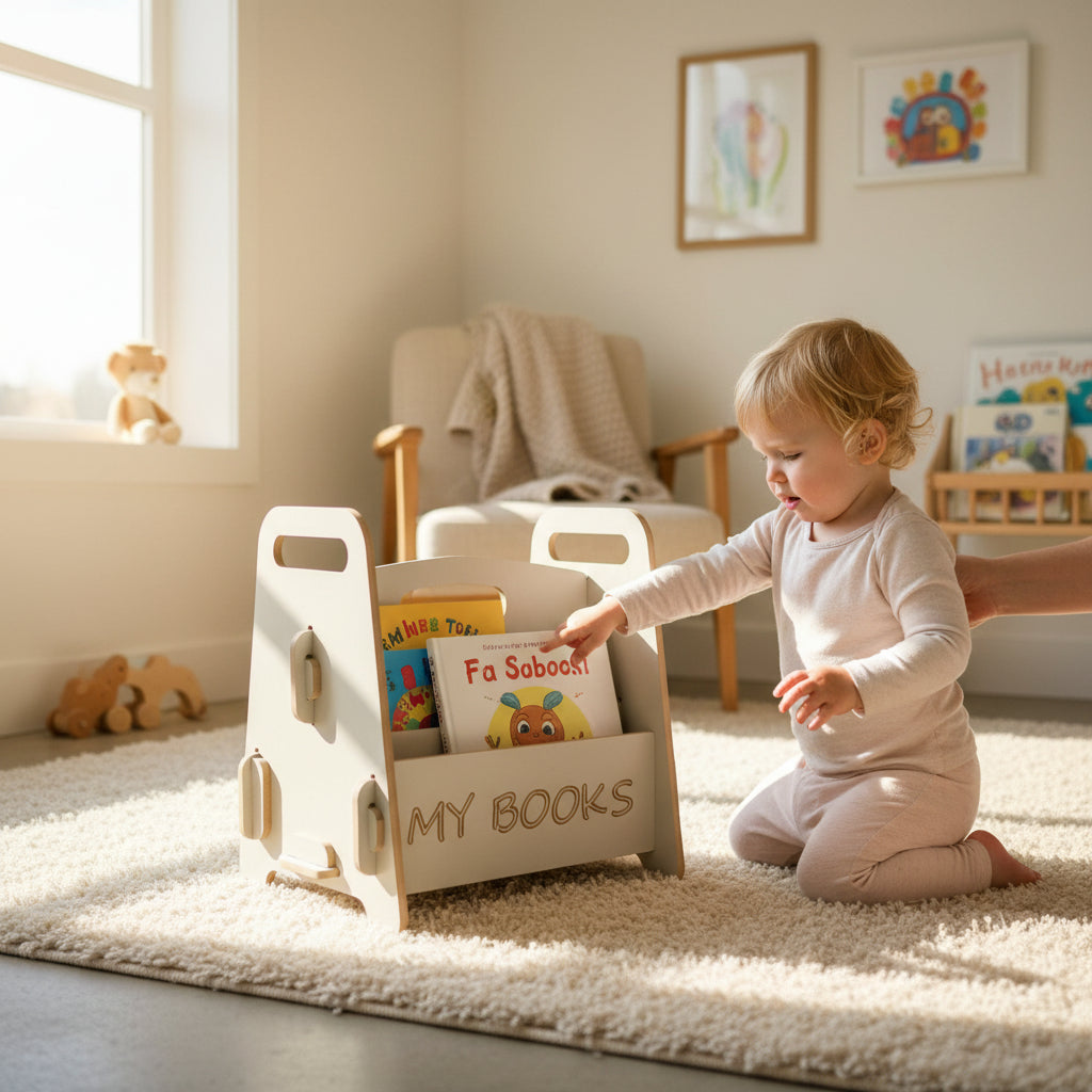 Montessori Ahşap Çocuk Kitaplığı Beyaz Eğitici ve Dekoratif Tasarım