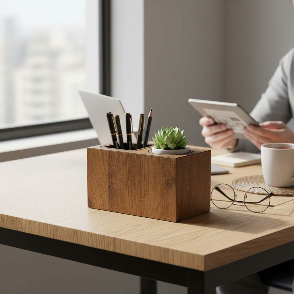 Ahşap Masaüstü Düzenleyici Organizer Çift Yuvalı Kalemlik