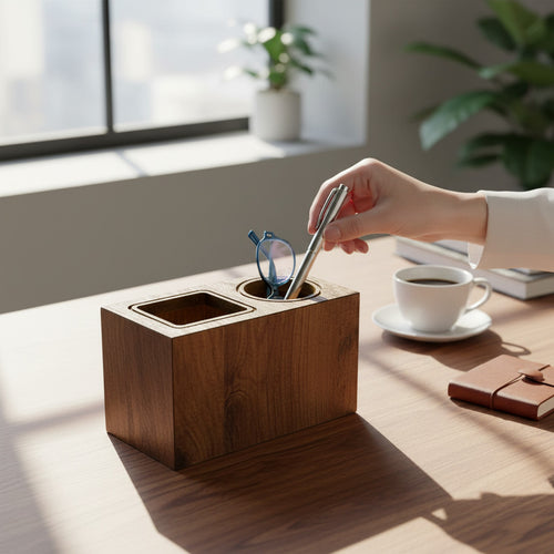 Ahşap Masaüstü Düzenleyici Organizer Çift Yuvalı Kalemlik