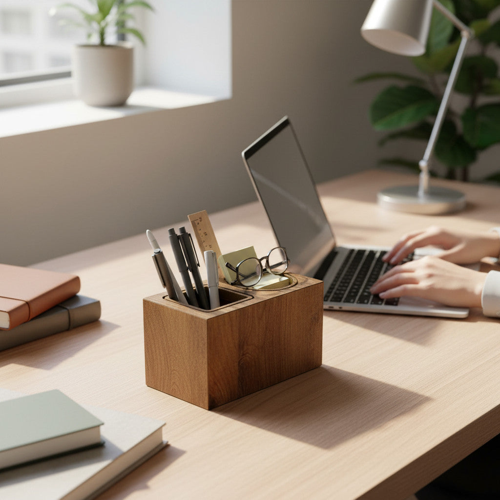 Ahşap Masaüstü Düzenleyici Organizer Çift Yuvalı Kalemlik